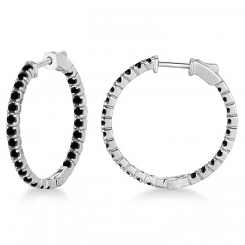 Medium Round Black Diamond Hoop Earrings 14k White Gold (1.55ct)