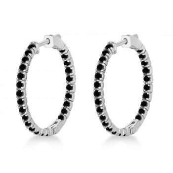 Medium Round Black Diamond Hoop Earrings 14k White Gold (1.55ct)