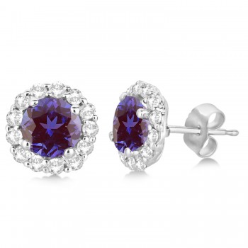 Halo Diamond Accented and Lab Alexandrite Earrings 14K White Gold (2.95ct)