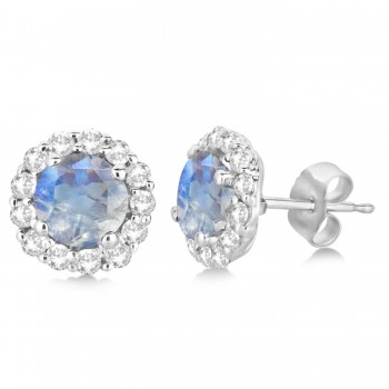 Halo Diamond Accented and Moonstone Earrings 14K White Gold (2.95ct)