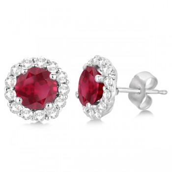 Halo Diamond Accented and Ruby Earrings 14K White Gold (2.95ct)