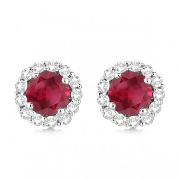 Halo Diamond Accented and Ruby Earrings 14K White Gold (2.95ct)