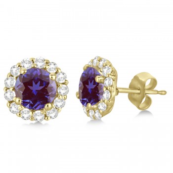 Halo Diamond Accented and Lab Alexandrite Earrings 14K Yellow Gold (2.95ct)