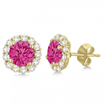 Halo Diamond Accented and Pink Tourmaline Earrings 14K Yellow Gold (2.95ct)