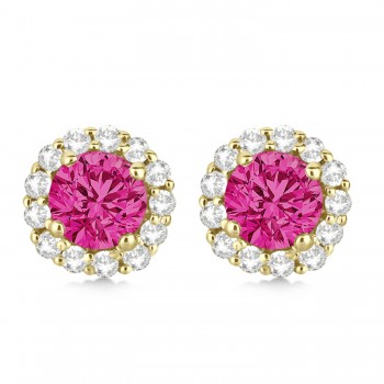 Halo Diamond Accented and Pink Tourmaline Earrings 14K Yellow Gold (2.95ct)