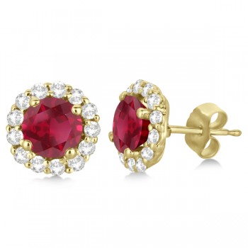 Halo Diamond Accented and Ruby Earrings 14K Yellow Gold (2.95ct)