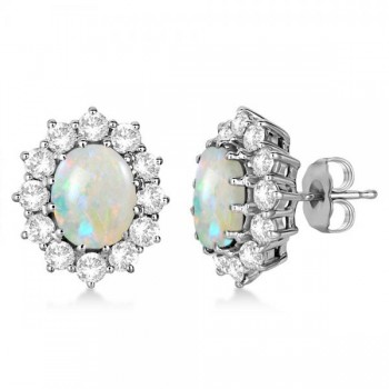 Oval Shape Opal & Diamond Accented Earrings 14k White Gold (7.10ctw)