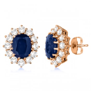 Oval Blue Sapphire and Diamond Earrings 14k Rose Gold (7.10ctw)