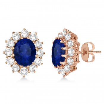 Oval Lab Blue Sapphire and Diamond Earrings 14k Rose Gold (7.10ctw)