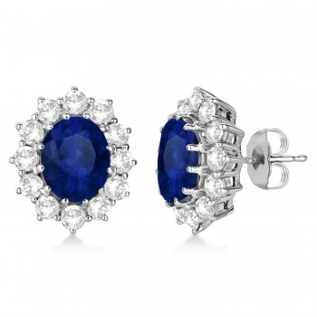 Oval Lab Blue Sapphire & Diamond Accented Earrings 14k White Gold (7.10ctw)