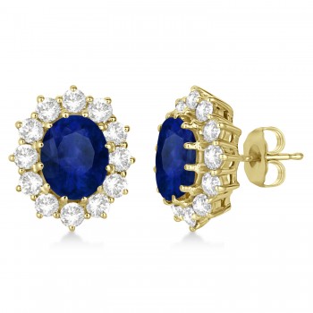 Oval Lab Blue Sapphire & Diamond Accented Earrings 14k Yellow Gold (7.10ctw)