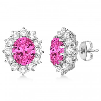 Oval Pink Tourmaline and Diamond Lady Di Earrings 14k White Gold (7.10ctw)