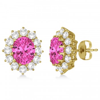 Oval Pink Tourmaline and Diamond Lady Di Earrings 14k Yellow Gold (7.10ctw)