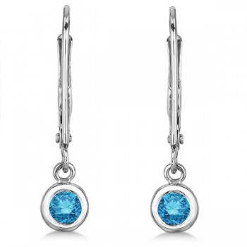 Leverback Dangling Drop Blue Diamond Earrings 14k White Gold (0.30ct)