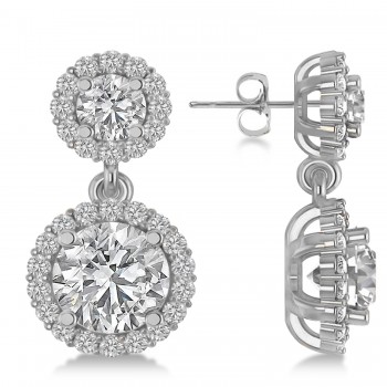 Two Stone Dangling Halo Diamond Earrings 14k White Gold (3.00ct)