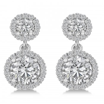 Two Stone Dangling Halo Diamond Earrings 14k White Gold (3.00ct)