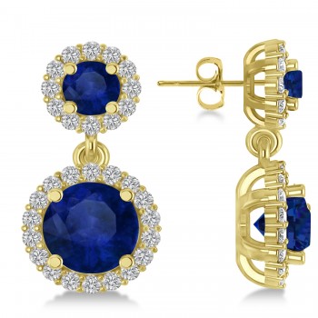 Two Stone Dangling Blue Sapphire & Diamond Earrings 14k Yellow Gold (3.00ct)