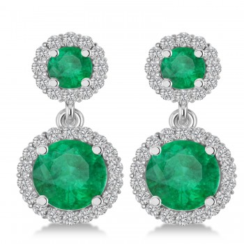 Two Stone Dangling Emerald & Diamond Earrings 14k White Gold (3.00ct)