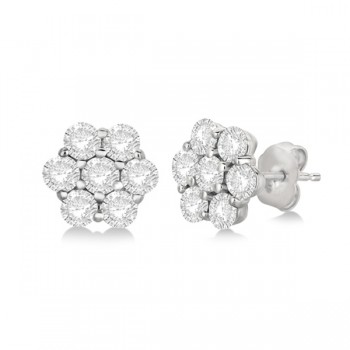 Flower Shaped Diamond Cluster Stud Earrings 14K White Gold (0.52ct)