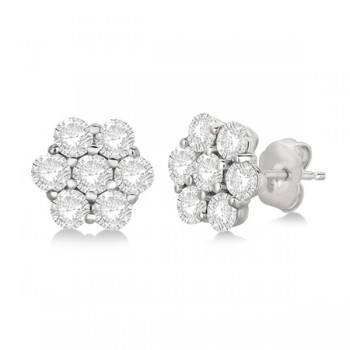 Flower Shaped Diamond Cluster Stud Earrings 14K White Gold (1.01ct)