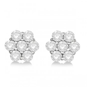 Flower Shaped Diamond Cluster Stud Earrings 14K White Gold (1.01ct)