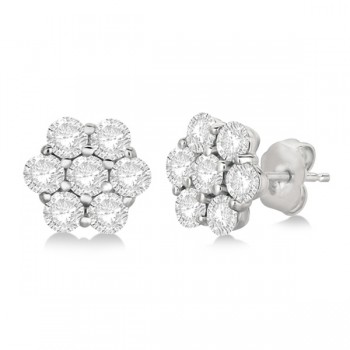 Flower Shaped Diamond Cluster Stud Earrings 14K White Gold (2.00ct)