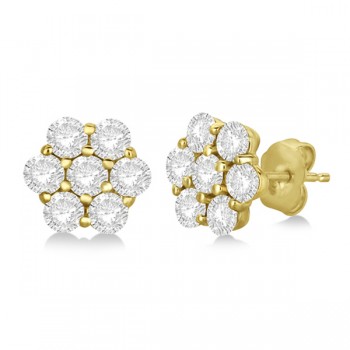 Flower Shaped Diamond Cluster Stud Earrings 14K Yellow Gold (2.00ct)