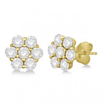 Flower Shaped Diamond Cluster Stud Earrings 14K Yellow Gold (2.80ct)