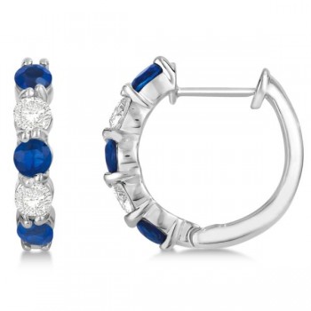 Prong Set Blue Sapphire & Diamond Hoop Earrings 14k White Gold (2.06ct)