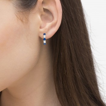Prong Set Blue Sapphire & Diamond Hoop Earrings 14k White Gold (2.06ct)