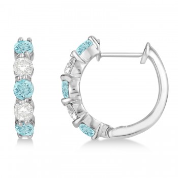 Prong Set Aquamarine & Diamond Hoop Earrings 14k White Gold (1.94ct)