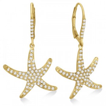 Dangling Starfish Diamond Earrings Pave Set 14k Yellow Gold (1.17ct)