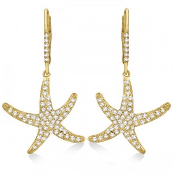 Dangling Starfish Diamond Earrings Pave Set 14k Yellow Gold (1.17ct)