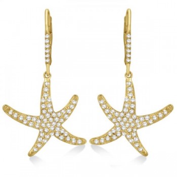 Dangling Starfish Diamond Earrings Pave Set 14k Yellow Gold (1.17ct)