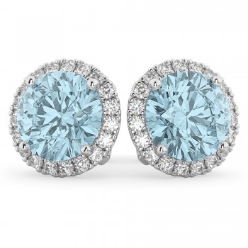 Halo Round Aquamarine & Diamond Earrings 14k White Gold (4.97ct)