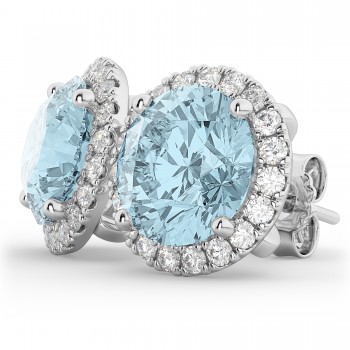 Halo Round Aquamarine & Diamond Earrings 14k White Gold (4.97ct)