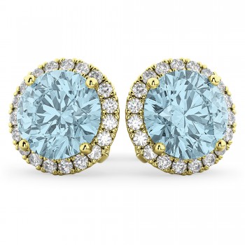 Halo Round Aquamarine & Diamond Earrings 14k Yellow Gold (4.97ct)