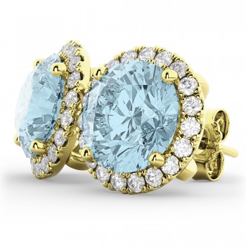 Halo Round Aquamarine & Diamond Earrings 14k Yellow Gold (4.97ct)