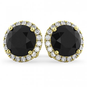 Halo Round Black Diamond & Diamond Earrings 14k Yellow Gold (4.57ct)