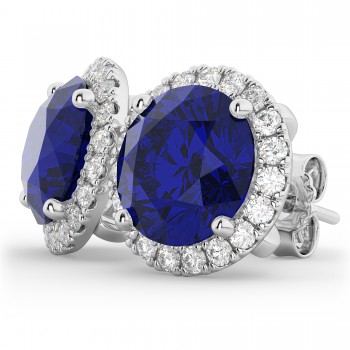 Halo Round Blue Sapphire & Diamond Earrings 14k White Gold (5.17ct)