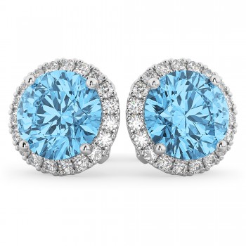Halo Round Blue Topaz & Diamond Earrings 14k White Gold (5.57ct)