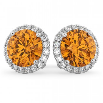 Halo Round Citrine & Diamond Earrings 14k White Gold (4.17ct)