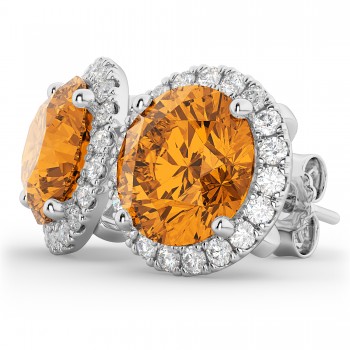 Halo Round Citrine & Diamond Earrings 14k White Gold (4.17ct)