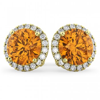 Halo Round Citrine & Diamond Earrings 14k Yellow Gold (4.17ct)