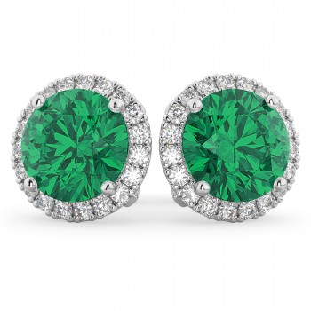 Halo Round Emerald & Diamond Earrings 14k White Gold (4.97ct)