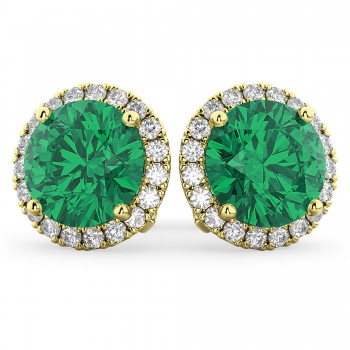 Halo Round Emerald & Diamond Earrings 14k Yellow Gold (4.97ct)