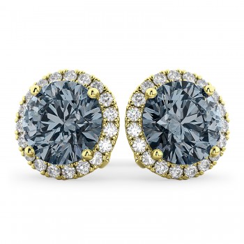 Halo Round Gray Spinel & Diamond Earrings 14k Yellow Gold (4.17ct)