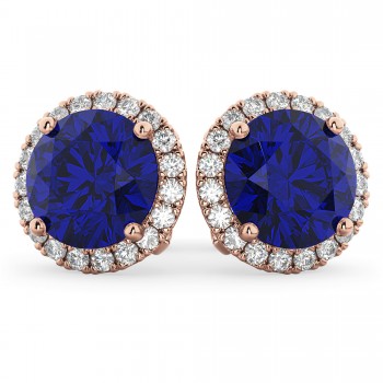 Halo Round Lab Blue Sapphire & Diamond Earrings 14k Rose Gold (5.17ct)
