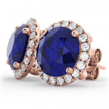 Halo Round Lab Blue Sapphire & Diamond Earrings 14k Rose Gold (5.17ct)