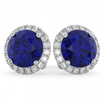 Halo Round Lab Blue Sapphire & Diamond Earrings 14k White Gold (5.17ct)